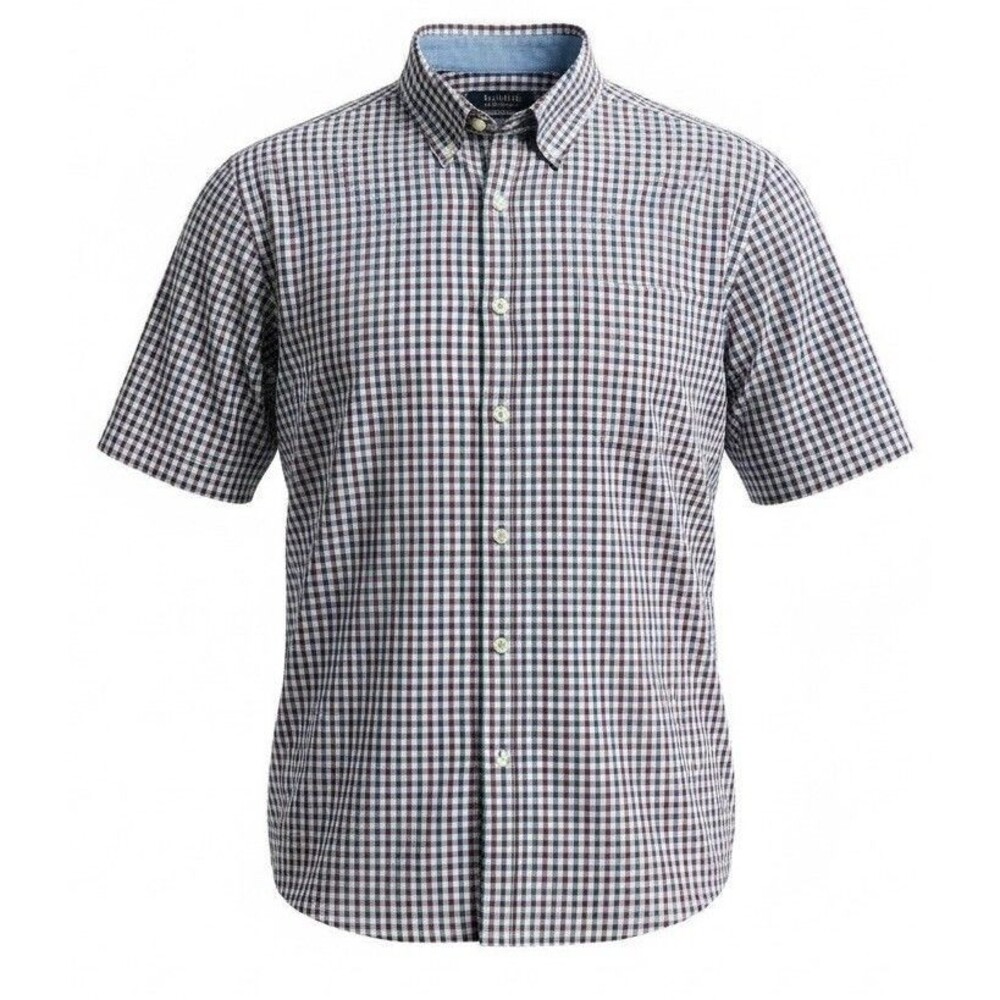 Chaps Men’s Large Plaid Button Down Shirt Purple Blue Short Sleeve Easy Care